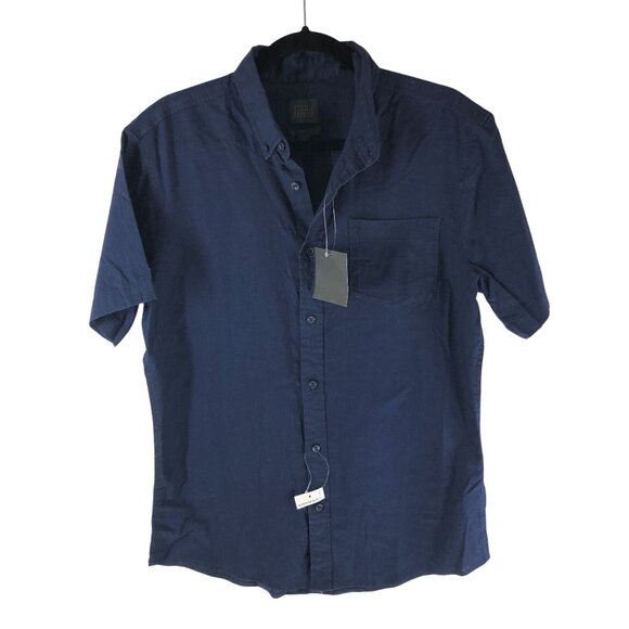 14th & Union Linen & Cotton Button-Up Shirt Trim Fit Short Sleeve Navy Blue M - Picture 1 of 5